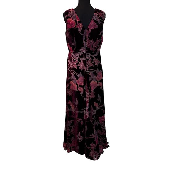 Tahari Burgundy Velvet Floral Maxi Dress Size 12 Burnout Sleeveless Gown - Picture 4 of 12